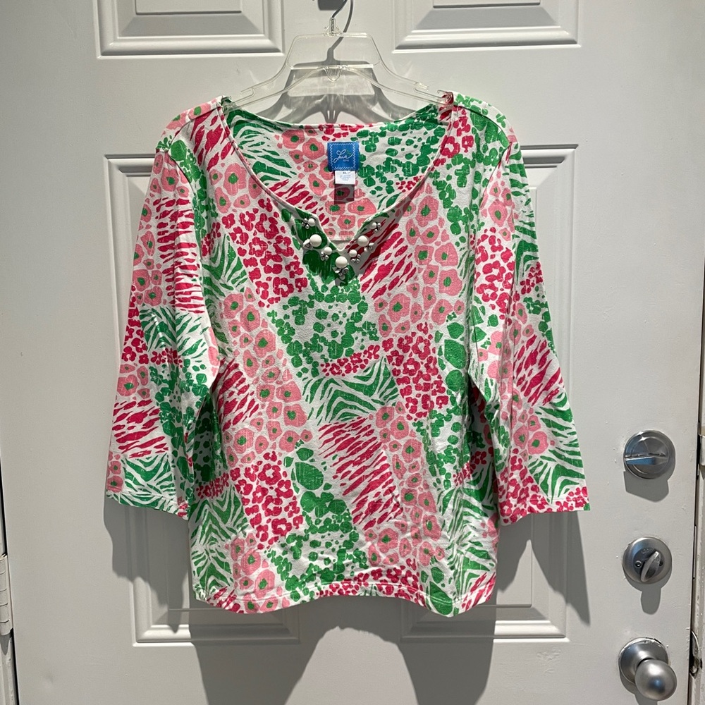 Lark Lane Colorful Pink Green White Vcut Beads Tropical 3/4 Sleeve Top Size XL